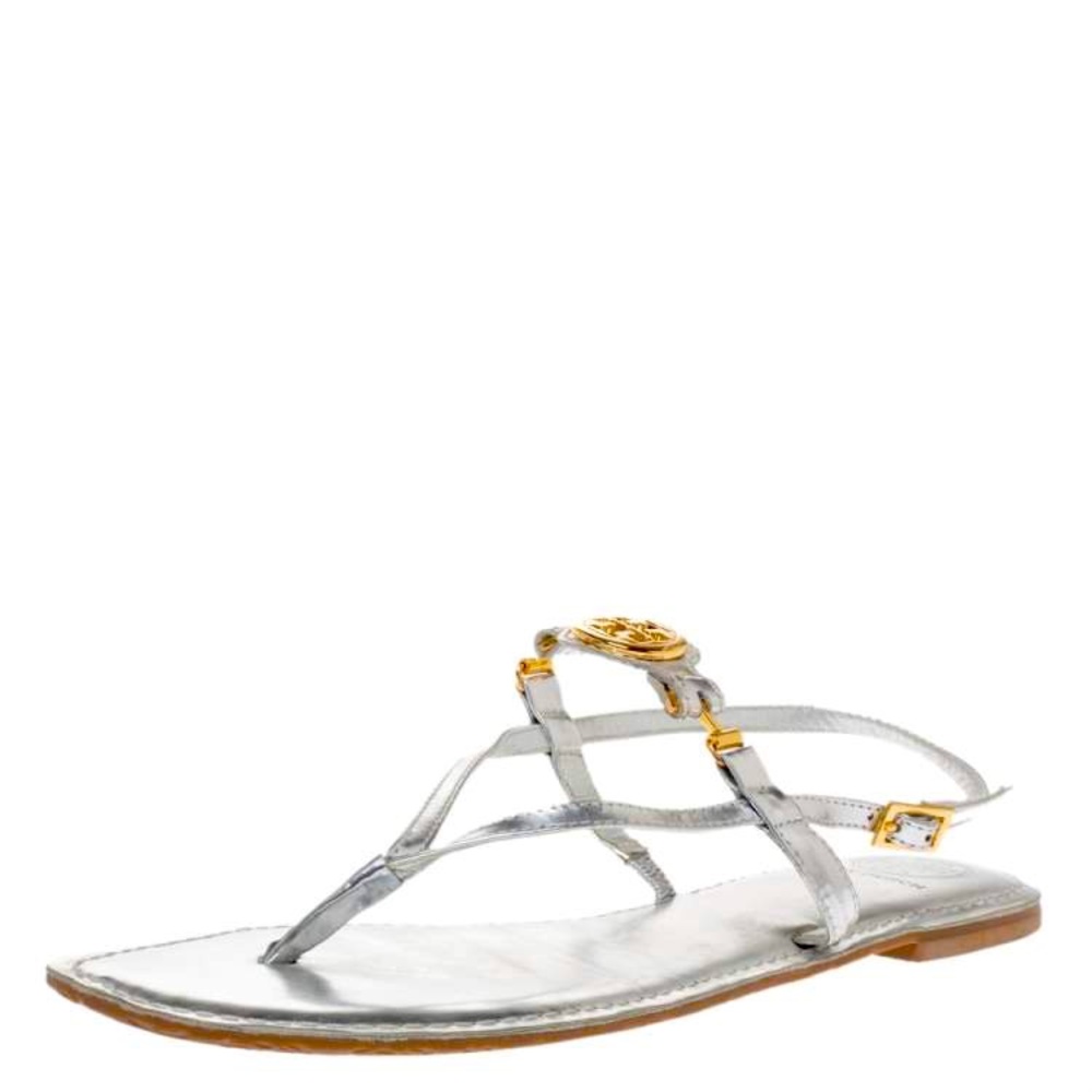 Tory Burch Sandals Sz 7 Silver Metallic Ali Thong